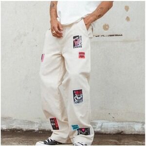 Loiter Patchwork High Waist Double Knee Pants Mens 28 Cream Streetwear Graphic